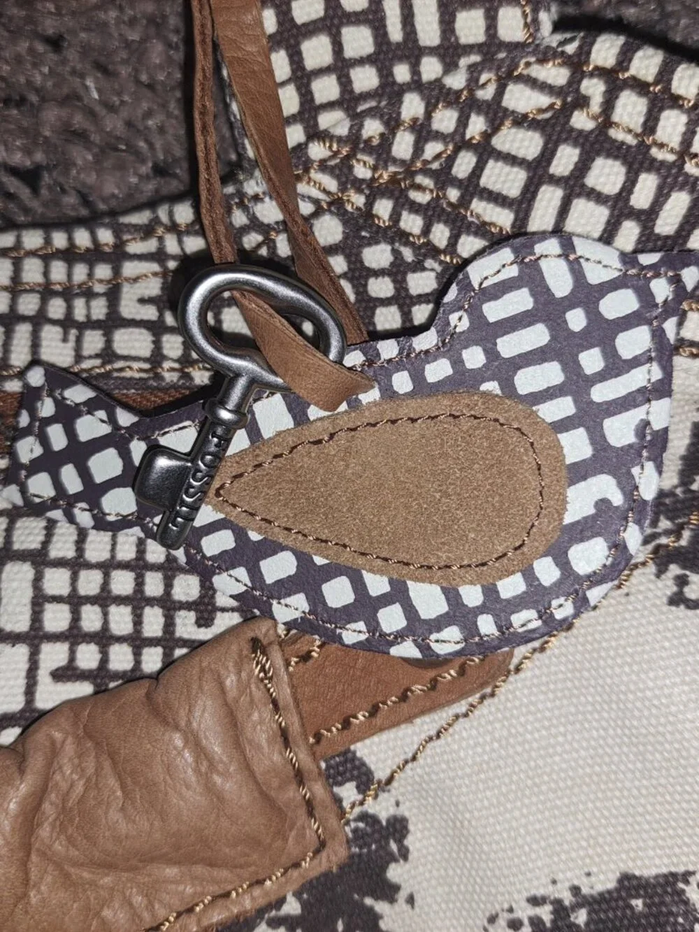 FOSSIL-Canvas/Leather Hobo Bag-Cream/Brown-2 Bag Charms-New/No Tags